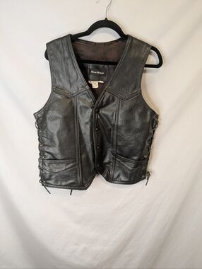 Vintage Steer Brand Black Leather Vest Lace Up Sides Snap Closures Made In USA